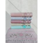 Kadife Dual Bordür 3D Nakışlı Renkli Pamuk 6 Adet 50 x 90 cm El Yüz Havlusu Kutulu - 50 x 90 cm - Açık Mavi - Bej - Beyaz