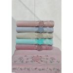 Kadife Dual Bordür 3D Nakışlı Renkli Pamuk 6 Adet 50 x 90 cm El Yüz Havlusu Kutulu - 50 x 90 cm - Açık Mavi - Beyaz