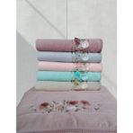 Kadife Dual Bordür 3D Nakışlı Rennkli %100 Pamuk 6 Adet 30X50 cm Mutfak Havlusu - 30 x 50 cm - Açık Mavi