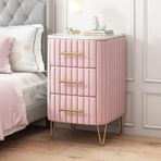 Kadife Komodin 3 Çekmeceli Suni Mermer Üst Metal Ayaklı ve Kulplu Pembe Yatak Odası ve Oturma Odası için Komodin (40x40x63 cm/24x24x25 inç)