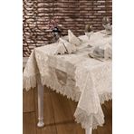 Kadife Lüks Masa Örtüsü Seti Dantelli Güpürlü 25 Parça Vels Krem 160 x 220