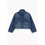 Kadın %100 Pamuk Mavi Crop Jean Ceket