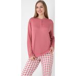 Kadın 1772 Patlı Pijama Takımı Uzun Kollu, Ekose Alt - Gül Kurusu