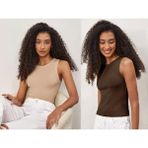 Kadın 2'li Paket Fitilli Halter Yaka Örme Atlet T-Shirt - Kahverengi - Bej