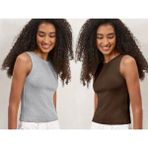 Kadın 2'li Paket Fitilli Halter Yaka Örme Atlet T-Shirt - Kahverengi - Gri