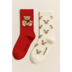 Kadın 2'li Teddy Desenli Yılbaşı Temalı Soket Çorap Ekru Mix - Kırmızı - 35 - 38