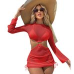 Kadın 3 Parça Bikini Coverup Seti, Seksi See Through Mayo Cover Up Uzun Kollu İpli Örgü Elbise Plaj Etek, kırmızı, L