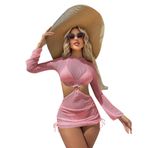 Kadın 3 Parça Bikini Coverup Seti, Seksi See Through Mayo Cover Up Uzun Kollu İpli Örgü Elbise Plaj Etek, pinguin gri, M
