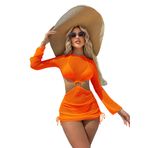 Kadın 3 Parça Bikini Coverup Seti, Seksi See Through Mayo Cover Up Uzun Kollu İpli Örgü Elbise Plaj Etek, Turuncu, S