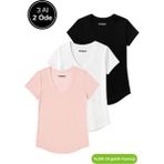 Kadın 3'lü Paket Siyah-Beyaz-Pudra %100 Organik Pamuk Normal Kesim Tişört V Yaka T-Shirt - Çok Renkli