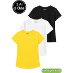 Kadın 3'lü Paket Siyah-Beyaz-Sarı %100 Organik Pamuk Normal Kesim Tişört Bisiklet Yaka T-Shirt