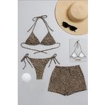 Kadın 3'lü Set Leopar Desenli Şortlu ve Yandan Bağlamalı Bikini Mayo Takımı