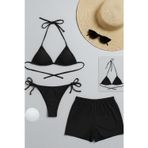 Kadın 3'lü Set Siyah Şortlu ve Yandan Bağlamalı Bikini Mayo Takımı