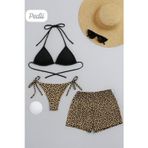 Kadın 3'lü Set Siyah ve Leopar Desenli Şortlu Yandan Bağlamalı Bikini Mayo Takımı