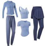 Kadın 5 Parça Atletik Kıyafet Seti, Yoga Giyim, Uzun Kollu Ceket, Üst, Pantolon ve Etek, Nefes Alabilen Nem Emici, Siyah, Xxl Mevcuttur, mavi, One Size