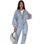 Kadın Açık Mavi Kısa Denim Ceket – Elastik Manşetli Crop Model, mavi, s