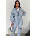Kadın Açık Mavi Kısa Denim Ceket – Elastik Manşetli Crop Model