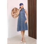 Kadın Açık Mavi Sıfır Kol Gömlek Yaka Denim Kot Elbise
