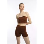 Kadın Allegro Kumaş Askısız Crop Top Kahverengi