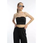 Kadın Allegro Kumaş Askısız Crop Top Siyah