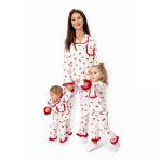 Kadın Anne Ekru Kırmızı Lale Desenli Fırfırlı Bandanalı Pijama Takımı