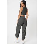 Kadın Antrasit Gri Kaşkorse Cepli Jogger Eşofman Altı ve Crop Top Bluz