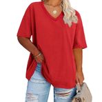 Kadın artı boyutu V boyun T gömlek yaz yarım kollu Tees rahat gevşek uygun pamuk tunik üstleri, Kırmızı, XL Artı