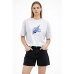 Kadın Asit Yıkamalı Oversize Tişört Bisiklet Yaka Kısa Kol T-Shirt - Beyaz