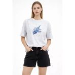 Kadın Asit Yıkamalı Oversize Tişört Future Worlds Baskılı Bisiklet Yaka Kısa Kollu Streetwear %100 Pamuk Street Style T-Shirt - Beyaz