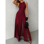 Kadın Askılı Bisiklet Yaka Etek Ucu Tül Detaylı Asimetrik Kiloş Uzun Ithal Krep Elbise - 2XL-3XL - Bordo