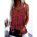 Kadın Askılı V Yakalı Boncuk Detaylı Leopar Desenli Süprem Bluz - 2XL-3XL - Kırmızı
