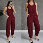 Kadın Askılı Yuvarlak Yakalı Cepli Viskon Tulum - 2XL-3XL - Bordo