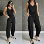 Kadın Askılı Yuvarlak Yakalı Cepli Viskon Tulum - 2XL-3XL - Siyah