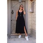 Kadın Askılı Yuvarlak Yakalı Yandan Yırtmaçlı Uzun Viskon Elbise - 2XL-3XL - Siyah