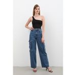 Kadin Baggy Kalip Kargo Cepli Jean Pantolon Mavi