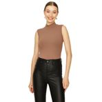 Kadın Balıkçı Yaka Kolsuz Alttan Çıtçıtlı Body Brown Kahverengi 40