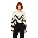 Kadın Basic Çizgili Oversize Dik Yaka Triko Kazak Uzun Kollu Crop Rahat Sonbahar Kış Kaliteli -Ekru-L