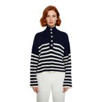 Kadın Basic Çizgili Oversize Dik Yaka Triko Kazak Uzun Kollu Crop Rahat Sonbahar Kış Kaliteli -Lacivert-S