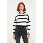 Kadın Basic Çizgili Oversize Triko Crop Kazak Düşük Kol Rahat Kesim Şık Görünüm Kaliteli -Ekru-M