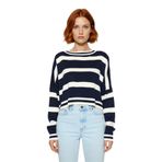 Kadın Basic Çizgili Oversize Triko Crop Kazak Düşük Kol Rahat Kesim Şık Görünüm Kaliteli -Lacivert-L