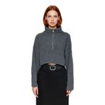 Kadın Basic Oversize Düşük Uzun Kollu Crop Fermuarlı Dik Yaka Triko Kazak Kışlık Rahat Stiller -Antrasit-XS