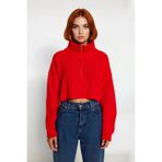 Kadın Basic Oversize Düşük Uzun Kollu Crop Fermuarlı Dik Yaka Triko Kazak Kışlık Rahat Stiller -Kırmızı-M