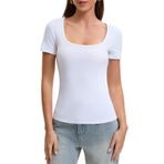 Kadın Basic T-Shirt Y2K Slim Fit Üst Parça Klasik Kesim Kısa Kollu Crop Tops Tek Renkli Tişört Atlet Yazlık Günlük Tişört, Beyaz fv1, M