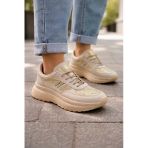 Kadın Bej Altın Simli Kalın Taban Sneaker Günlük Rahat Spor Ayakkabı