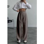 Kadın Bej Beli Cırt Cırtlı Pileli Bol Paça Palazzo Pantolon Wide Leg