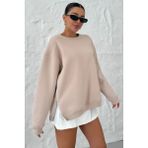 Kadın Bej Bisiklet Yakalı Yanı Yarım Fermuar Detaylı Sweatshirt