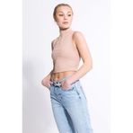 Kadın Bej Crop Top Fitilli Polo Yaka Fermuarlı Bluz