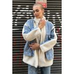 Kadın Bej Dik Yakalı Jean Detaylı Peluş Mont - Oversize Kalıp - Mavi - XL