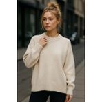 Kadın Bej Oversize Bisiklet Yaka Triko Kazak - Standart