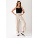 Kadın Bej Renk Beli Lastikli Modal Kumaş Çımalı Bilek Pantolon Yumuşak Dokulu Şık Bağcıklı Pantolon - 2XL